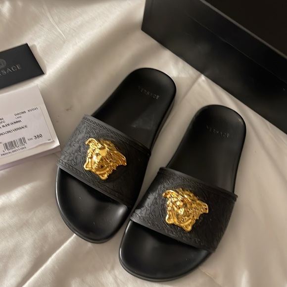 VERSACE SANDALS WITH GOLD MEDUSA AND BLACK WITH BOX, ID, TAGS, AND BAG - Picture 2 of 14